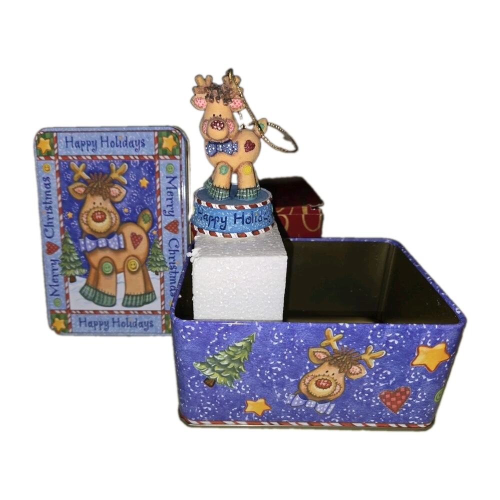 San Francisco Music Box Company HAPPY HOLIDAY Ornament REINDEER In Tin NO MUSIC